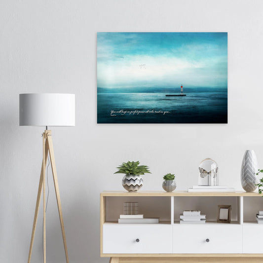 turquoise ocean lighthouse scripture wall art hanging in bright modern living room