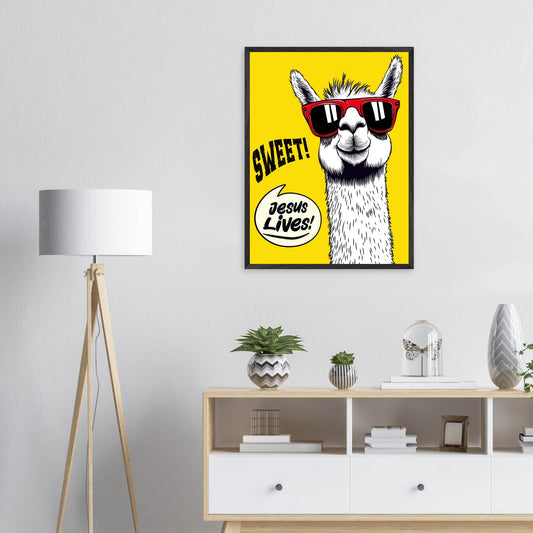 Christian wall art mockup showing a framed illustration of a white llama wearing red sunglasses on a bright yellow background, displayed above a modern console table in a minimalist living room, with playful text reading SWEET and Jesus Lives.
