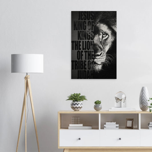 Black and white Lion of Judah Christian wall art featuring a powerful lion portrait with the words Jesus King of Kings Lion of the Tribe of Judah displayed in a modern minimalist interior