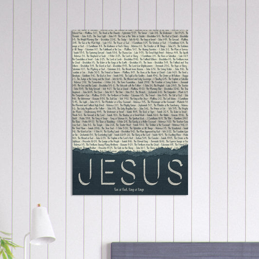 jesus brushed aluminum scripture wall art shown on a white shiplap wall in a bright room