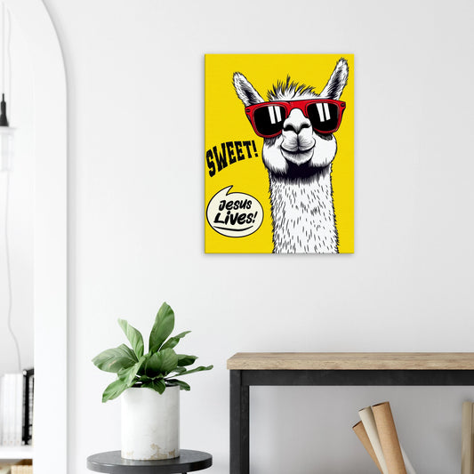 sweet jesus lives yellow llama christian poster with red sunglasses displayed in a modern minimalist office