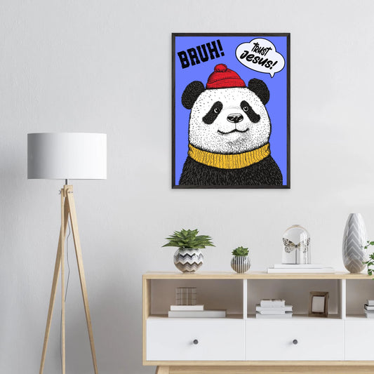 Playful Christian wall art illustration of a panda wearing a red beanie and yellow sweater on a blue background with the words BRUH and Trust Jesus in speech bubbles displayed above a dresser with a floor lamp and small plants