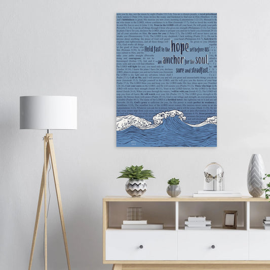 Christian canvas artwork featuring waves and Hebrews 6:19 above a white dresser with plants