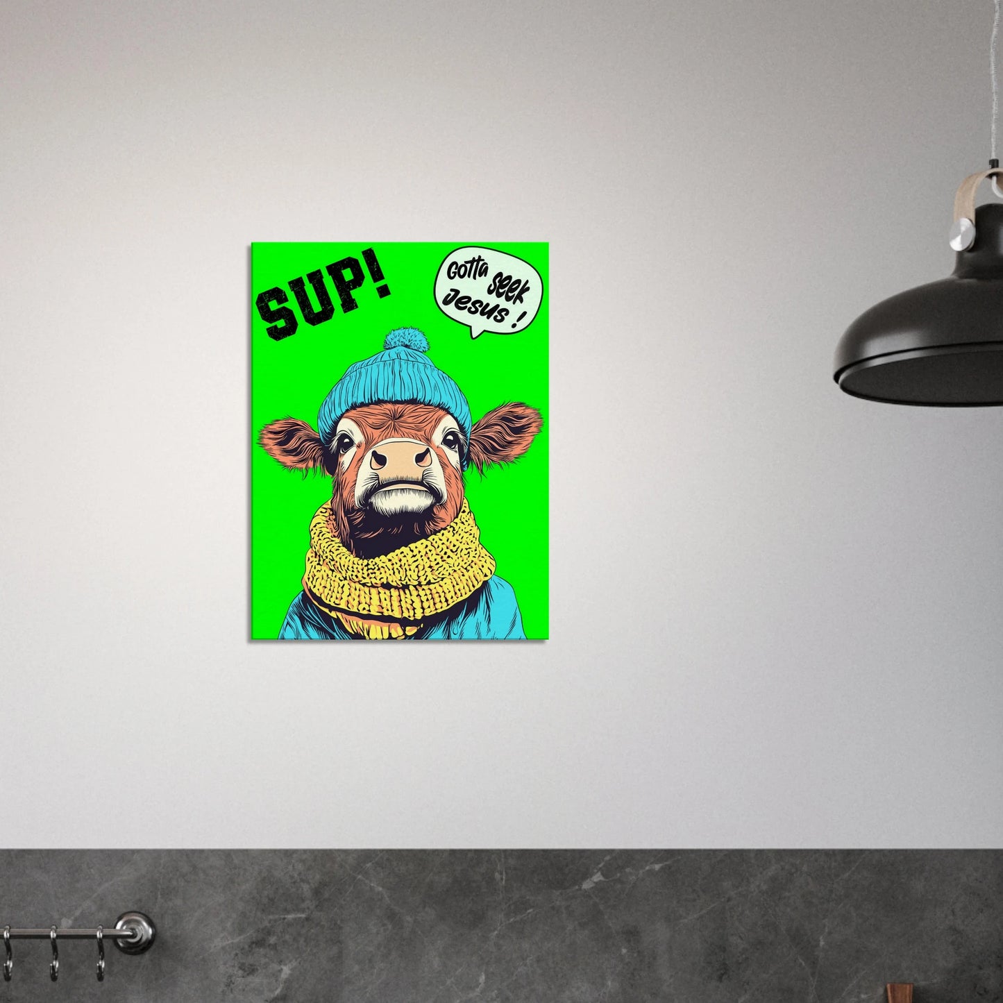 A vibrant green canvas featuring a cartoon style Highland cow with a beanie hat and a scarf, holding a sign with the text 'Gotta Seek Jesus' displayed in a bright minimalist black and white kitchen