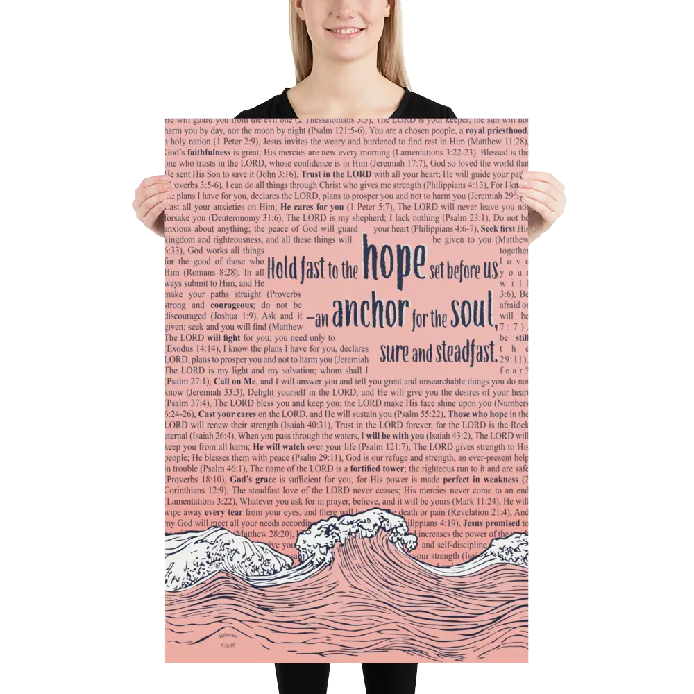 Person holding a large poster with religious text and wave design