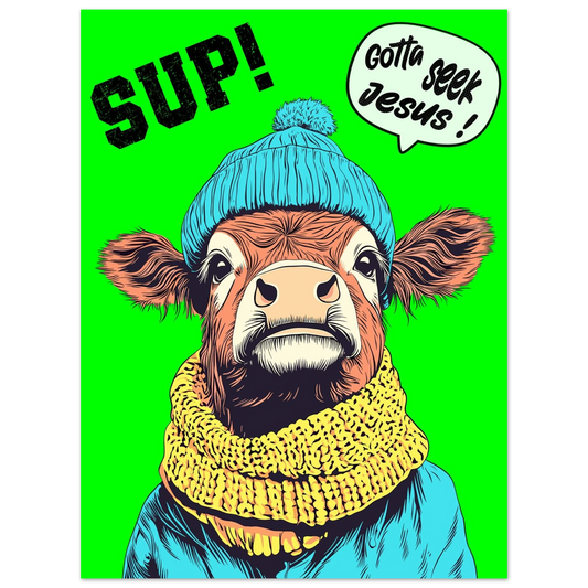 Cartoon cow wearing a blue beanie and yellow scarf with text on a green background