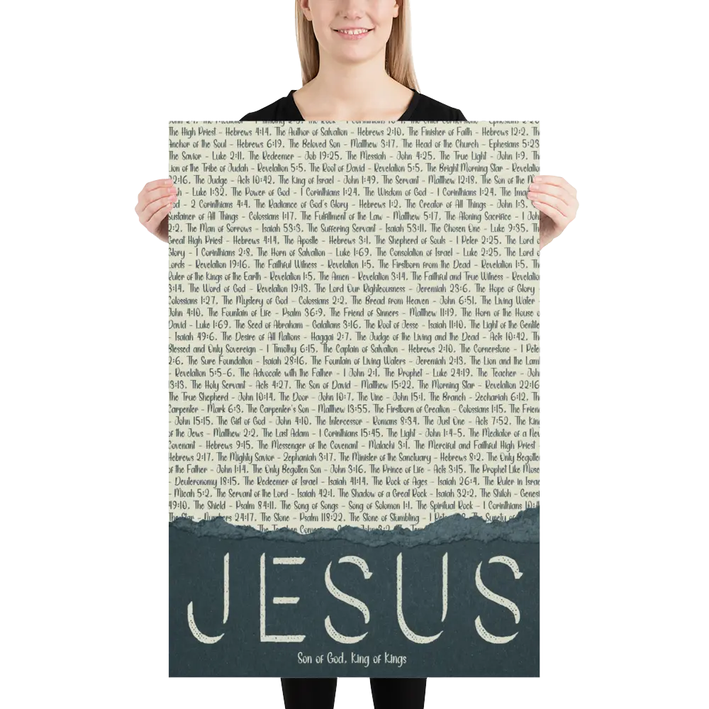 Person holding a large poster with text and 'Jesus' at the bottom