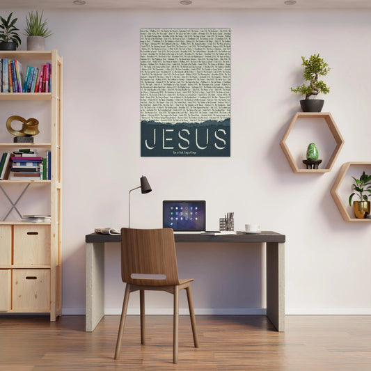 jesus christian wall art canvas featured in a modern workspace with shelves