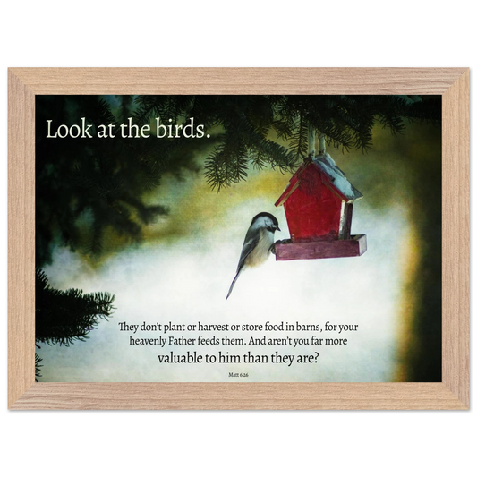 Framed artwork with a bird and birdhouse against a misty background, featuring text.