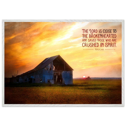 Barn with sunset sky and inspirational quote on a white background