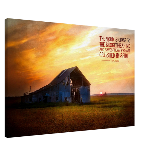 Barn with sunset sky and inspirational quote on a white background