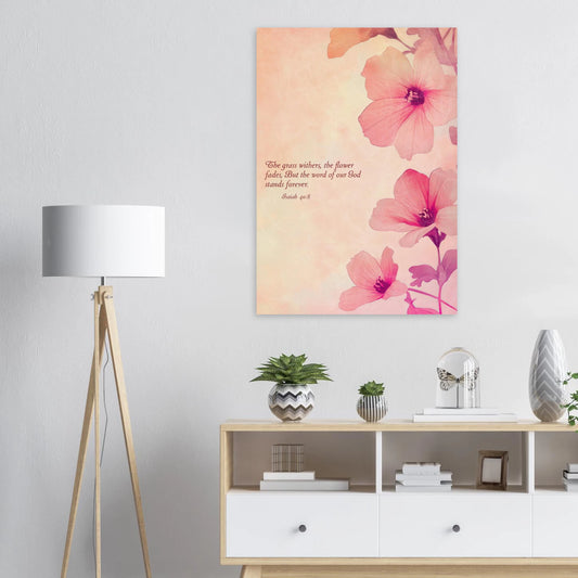 Floral painting on a wall above a wooden cabinet with decorative items.
