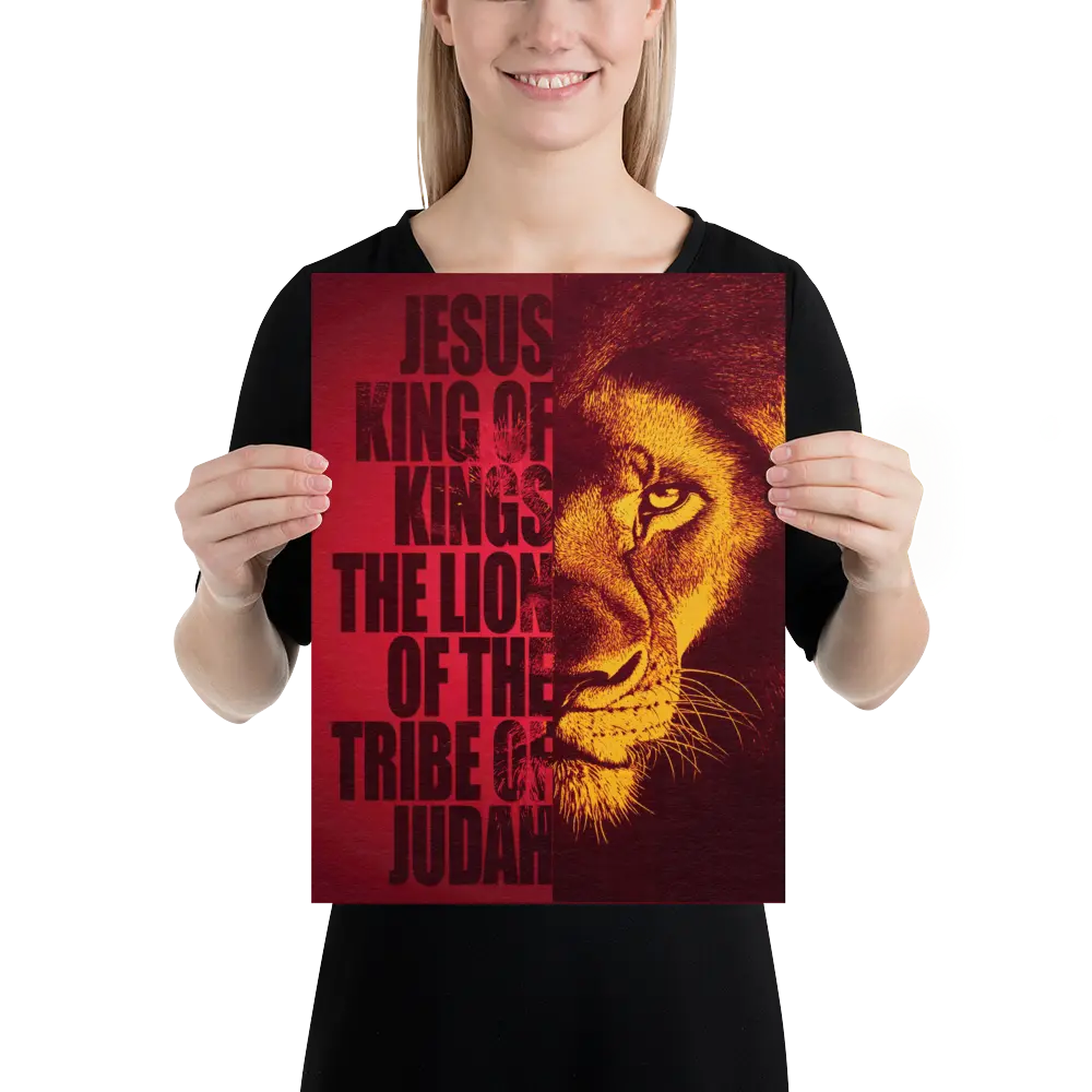 Person holding a poster with a lion's face and text on a red background