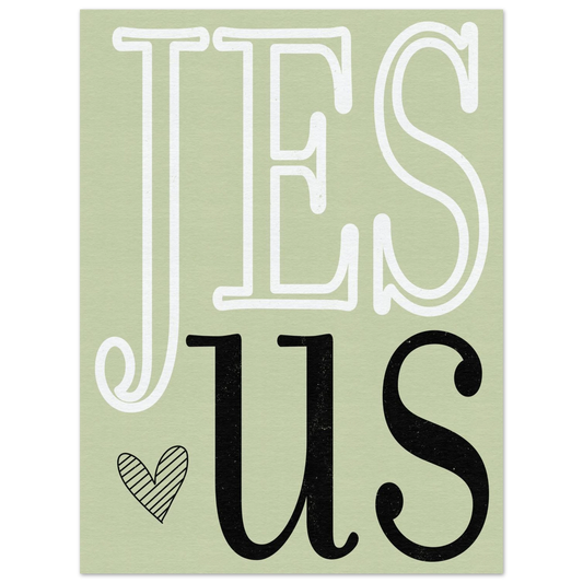 JESUS loves us Christian printable wall art featuring bold typography, a small heart, and soft textured colorways.
