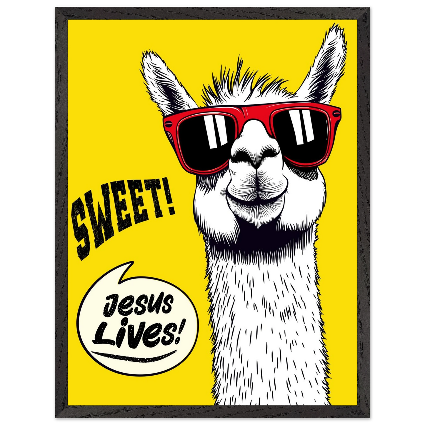 Playful Christian wall art illustration of a white llama wearing red sunglasses on a bright yellow background, with the words SWEET! and Jesus Lives in a speech bubble, framed in black.