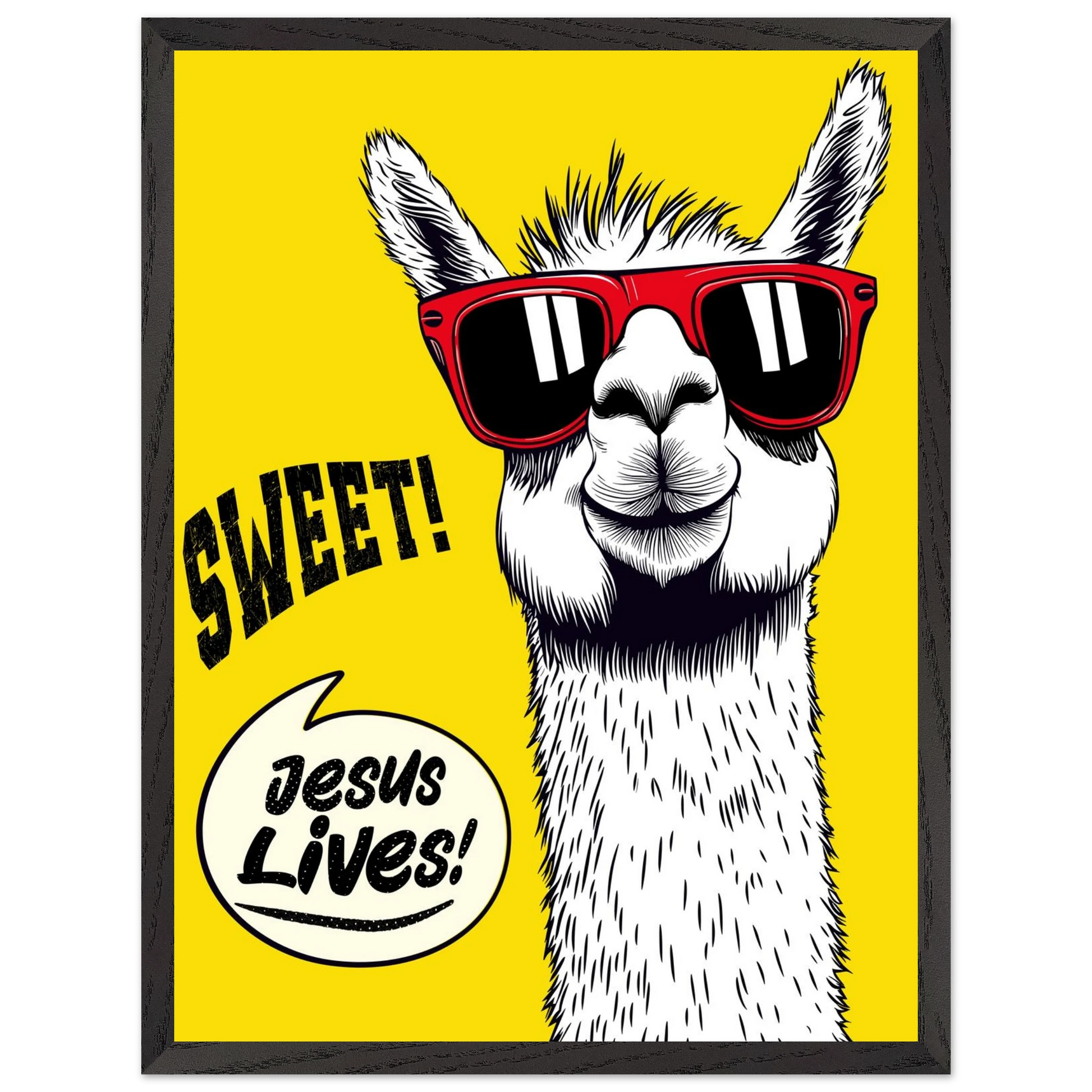 Playful Christian wall art illustration of a white llama wearing red sunglasses on a bright yellow background, with the words SWEET! and Jesus Lives in a speech bubble, framed in black.