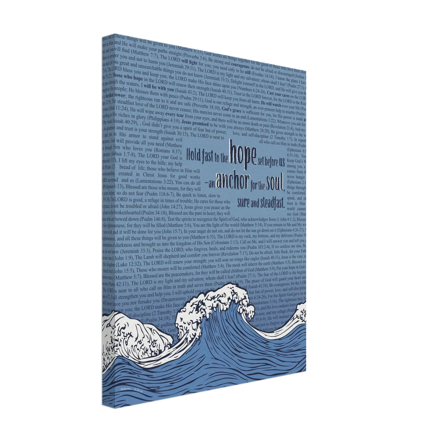 A canvas print featuring the Bible verse Hebrews 6:19 with a background of text and decorative elements such as flowing ocean waves and an anchor.