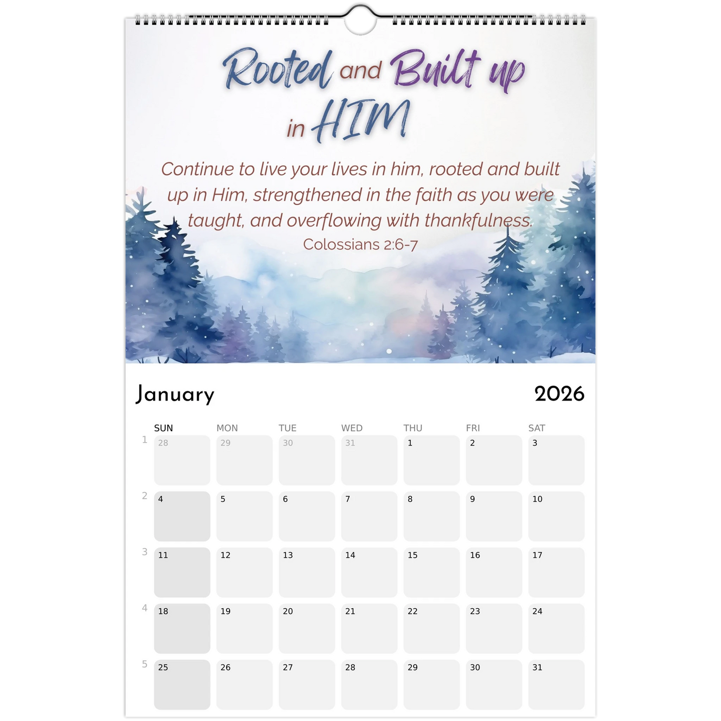 Calendar with a winter landscape design and inspirational quote, featuring the month of January 2026.