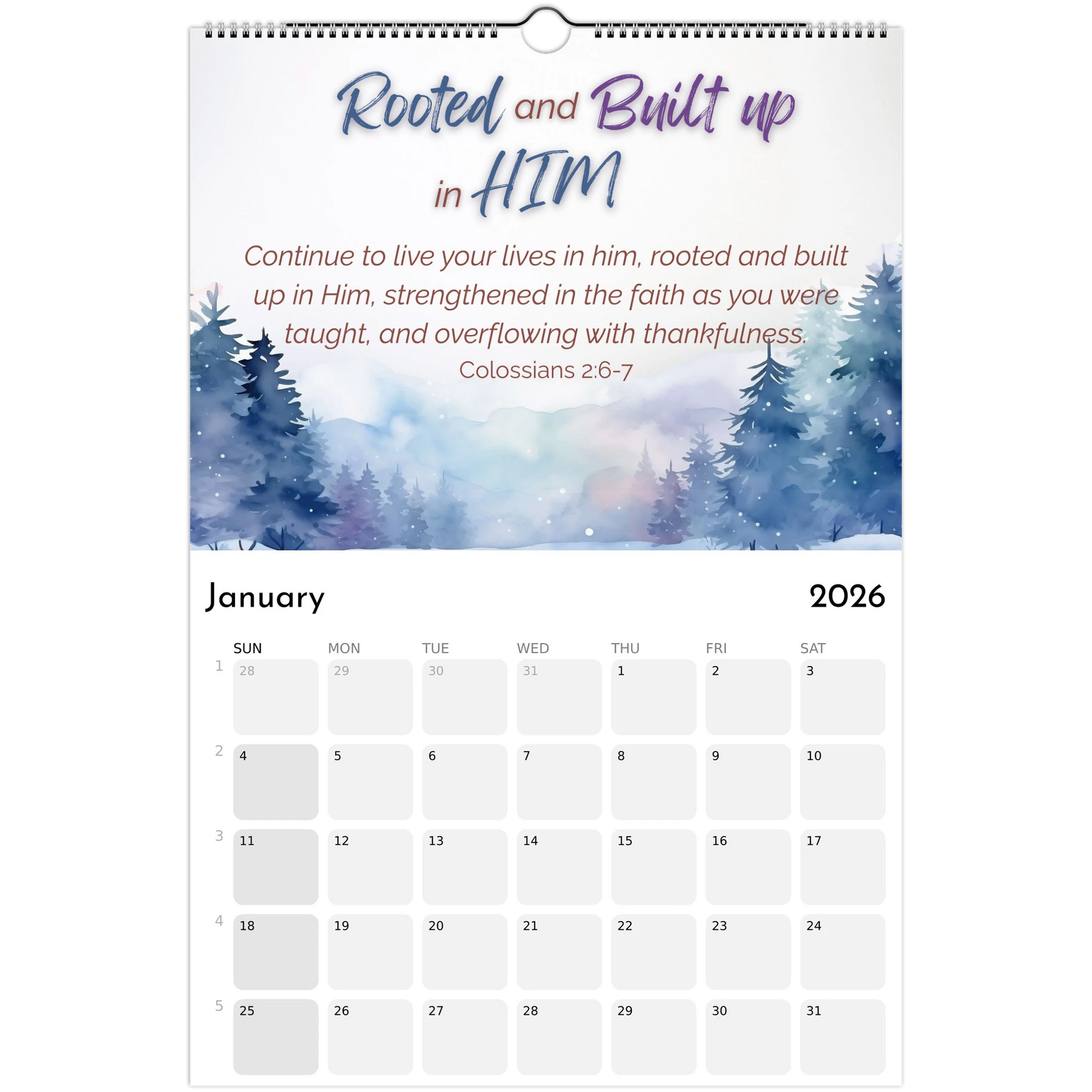 Calendar with a winter landscape design and inspirational quote, featuring the month of January 2026.