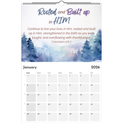 Calendar with a winter landscape design and inspirational quote, featuring the month of January 2026.