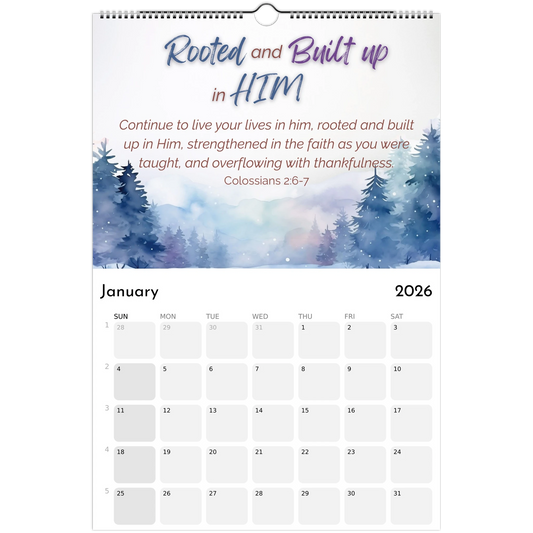 Calendar with a winter landscape design and inspirational quote, featuring the month of January 2026.