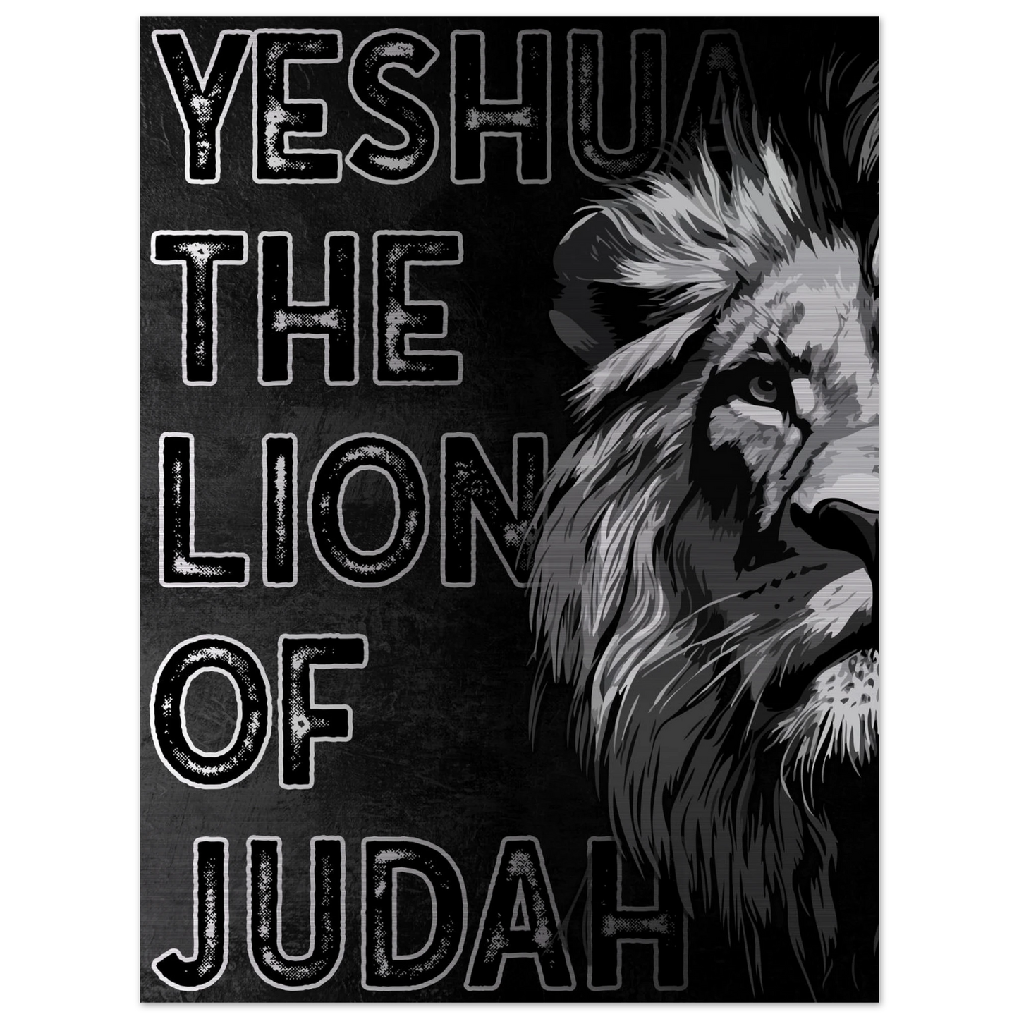 Jesus the Lion of Judah artwork featuring a bold black and white illustrated lion on the right side and distressed block lettering on a dark textured background.