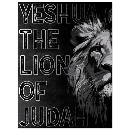 Jesus the Lion of Judah artwork featuring a bold black and white illustrated lion on the right side and distressed block lettering on a dark textured background.