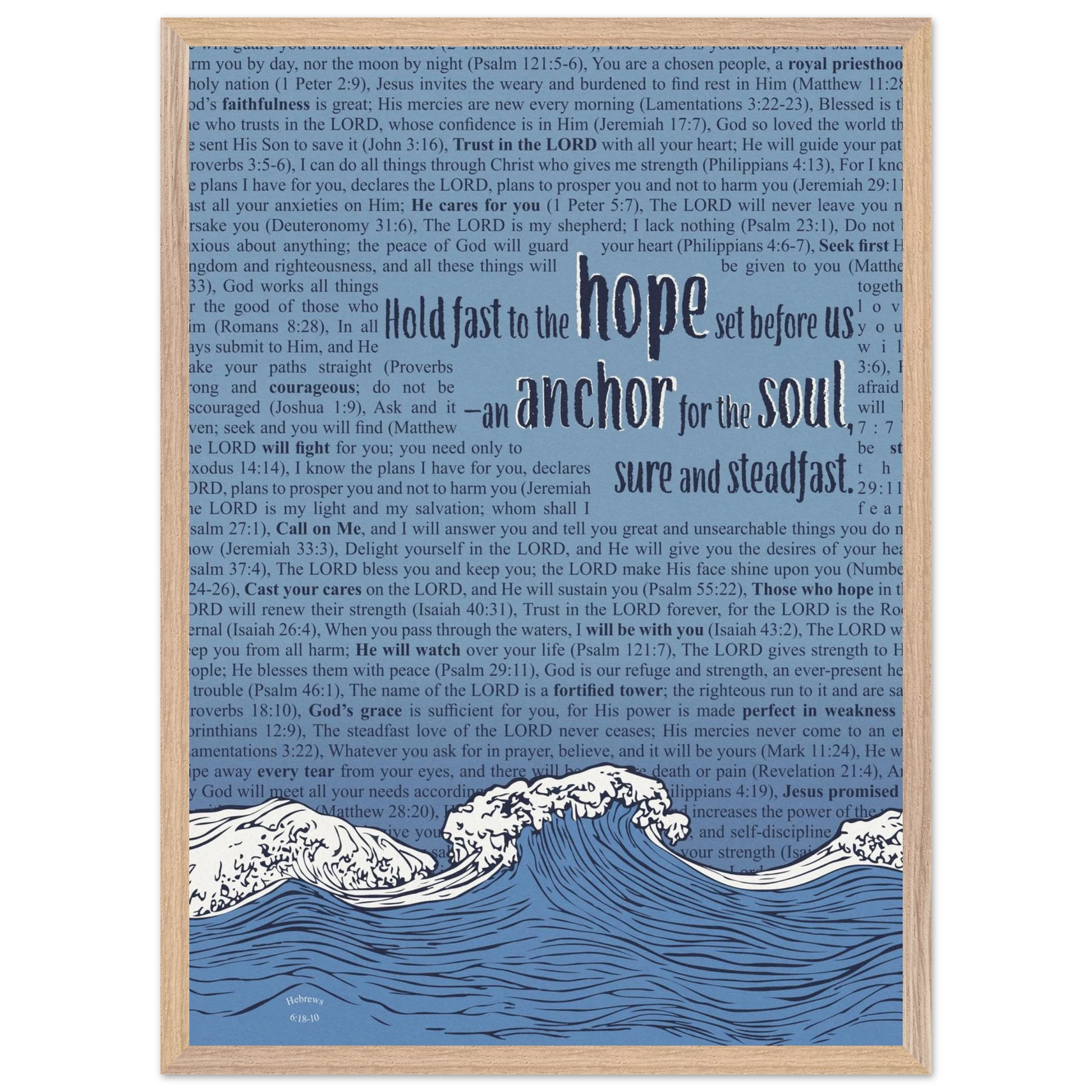 blue christian poster with bible verses in the background featuring a hand drawn wave illustration and the words hold fast to the hope set before us an anchor for the soul sure and steadfast hebrews 6 19