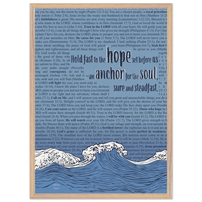 blue christian poster with bible verses in the background featuring a hand drawn wave illustration and the words hold fast to the hope set before us an anchor for the soul sure and steadfast hebrews 6 19