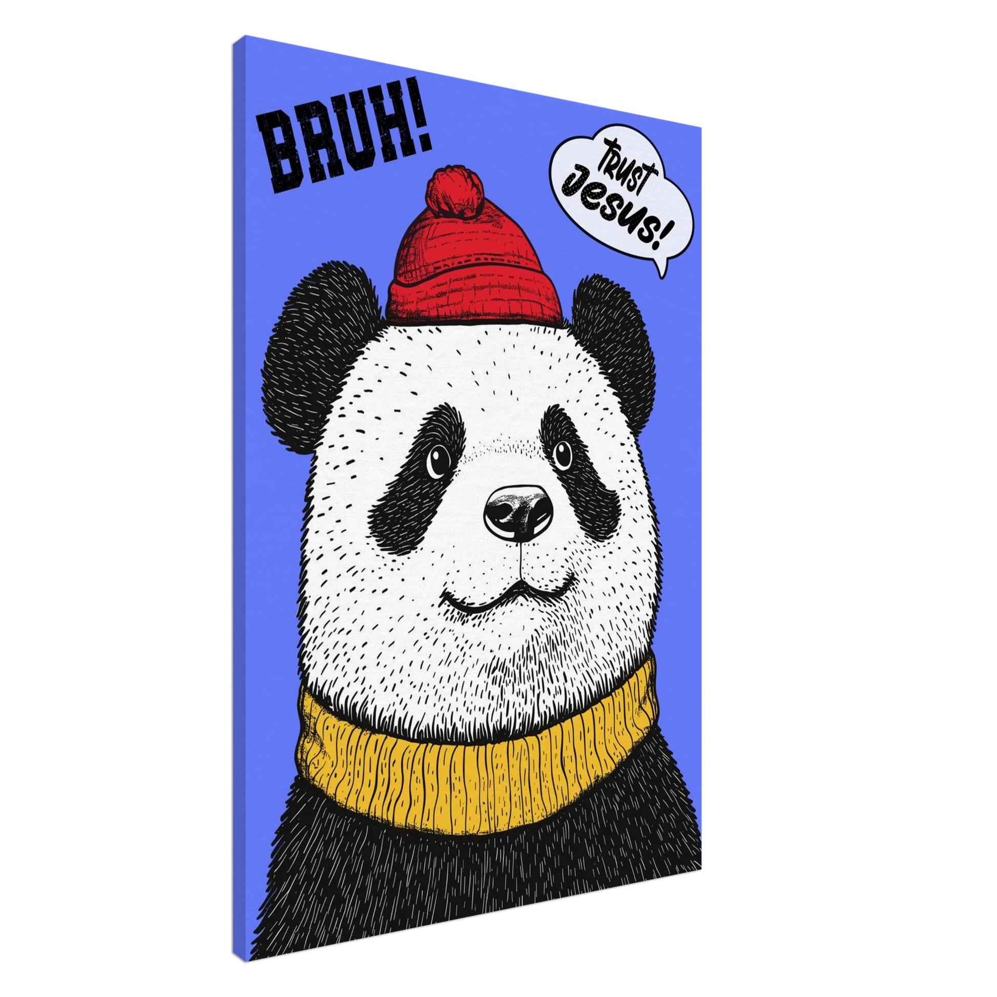 A canvas wall art featuring a cartoon illustration of a panda with a red beanie hat, a yellow scarf, and a speech bubble saying 'Trust Jesus'. The background is blue.