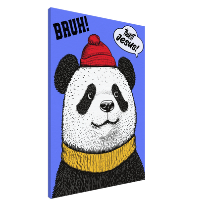 A canvas wall art featuring a cartoon illustration of a panda with a red beanie hat, a yellow scarf, and a speech bubble saying 'Trust Jesus'. The background is blue.