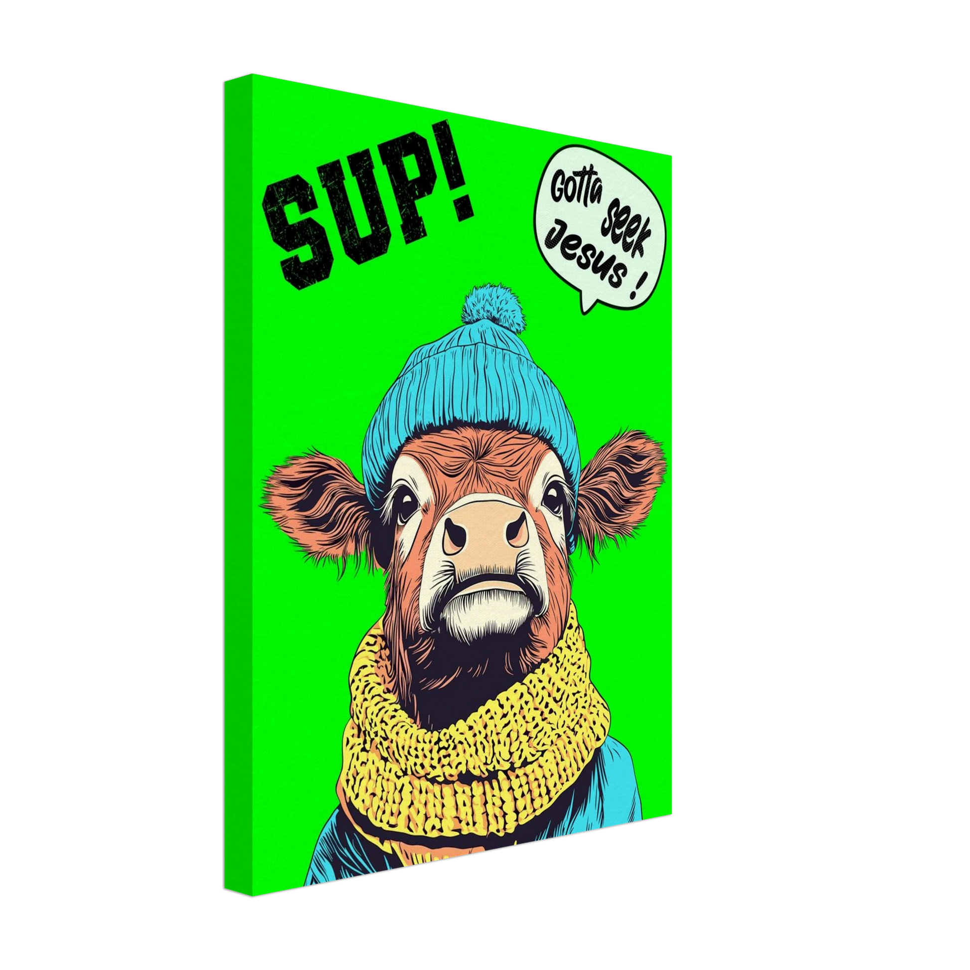 A vibrant green canvas featuring a cartoon style Highland cow with a beanie hat and a scarf, holding a sign with the text 'Gotta Seek Jesus'.