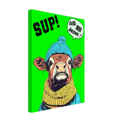 A vibrant green canvas featuring a cartoon style Highland cow with a beanie hat and a scarf, holding a sign with the text 'Gotta Seek Jesus'.