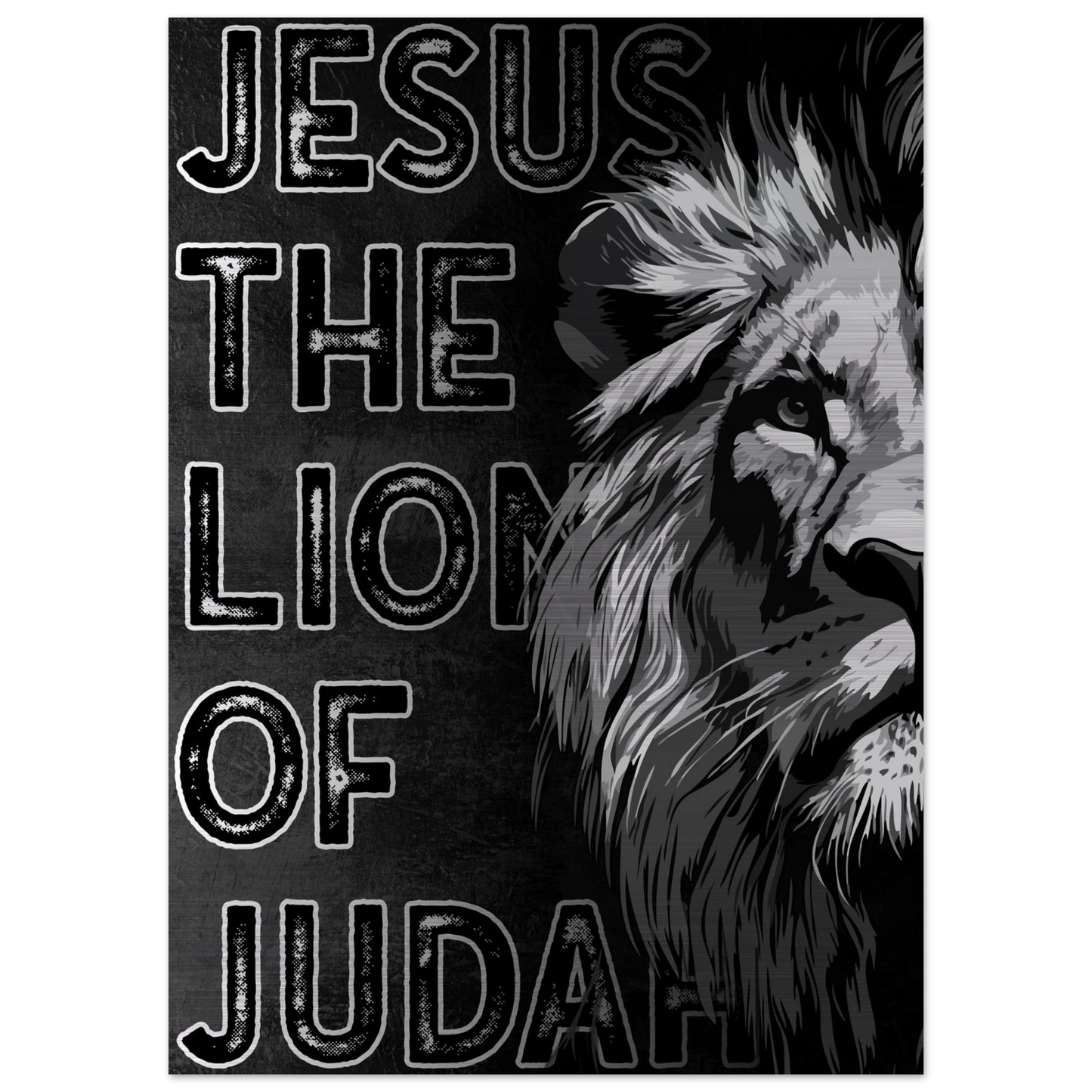 Jesus the Lion of Judah artwork featuring a bold black and white illustrated lion on the right side and distressed block lettering on a dark textured background.