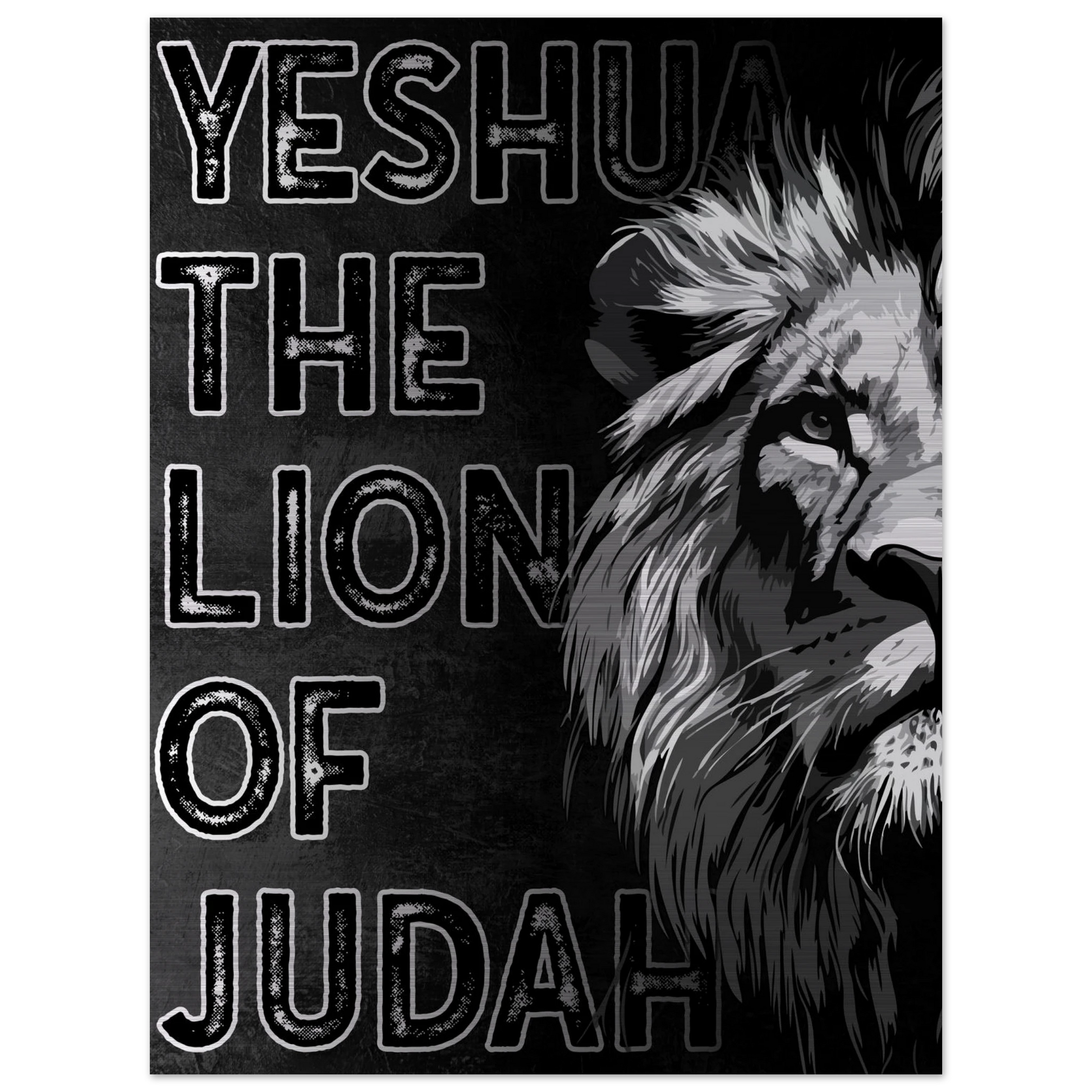 Jesus the Lion of Judah artwork featuring a bold black and white illustrated lion on the right side and distressed block lettering on a dark textured background.