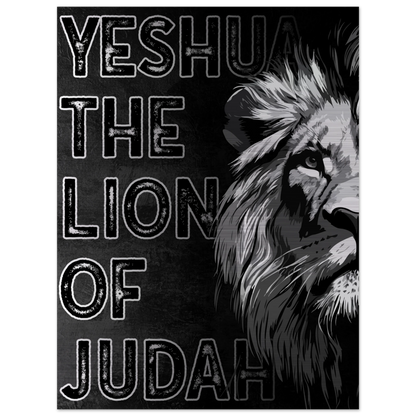Jesus the Lion of Judah artwork featuring a bold black and white illustrated lion on the right side and distressed block lettering on a dark textured background.