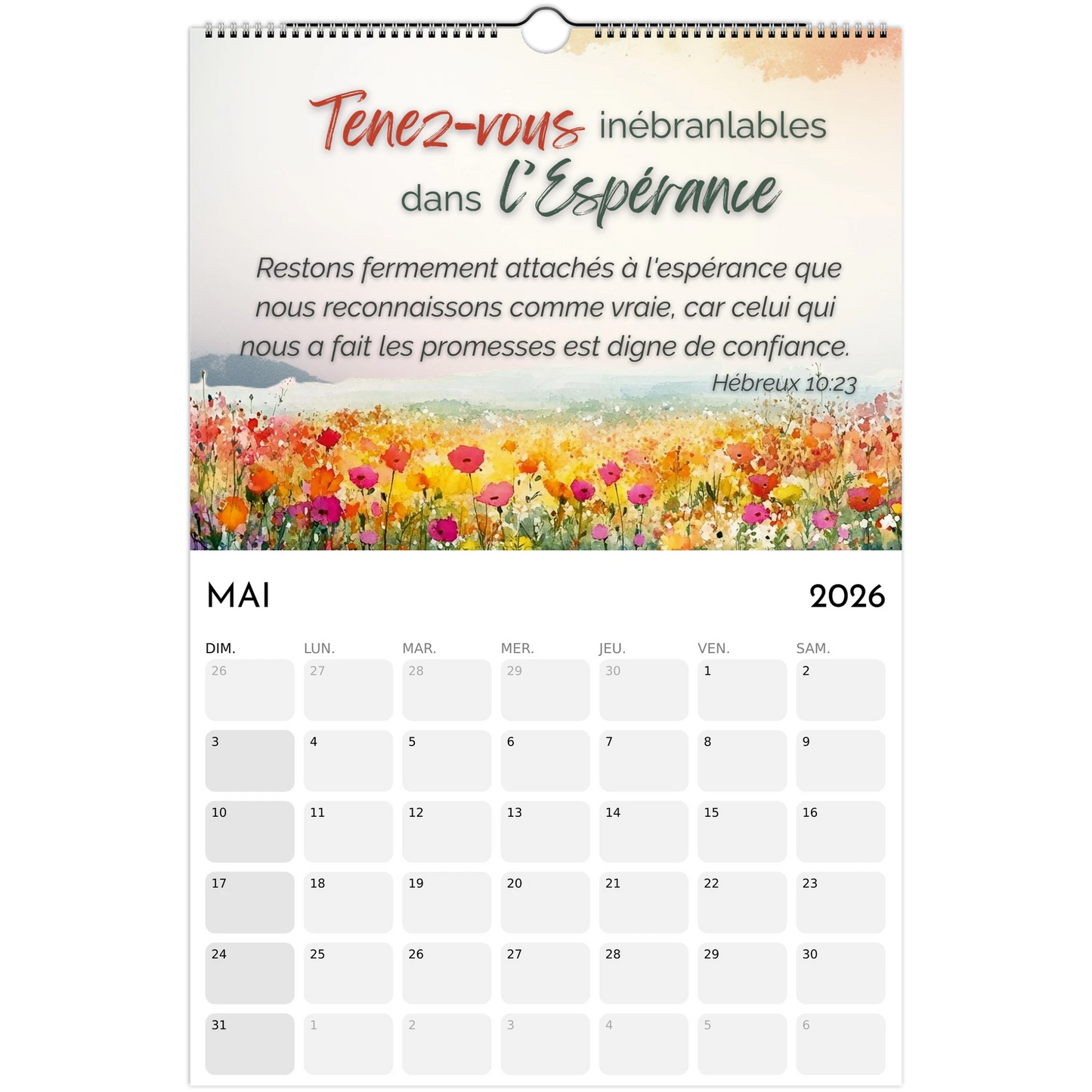 Calendar with floral design and motivational text on a white background