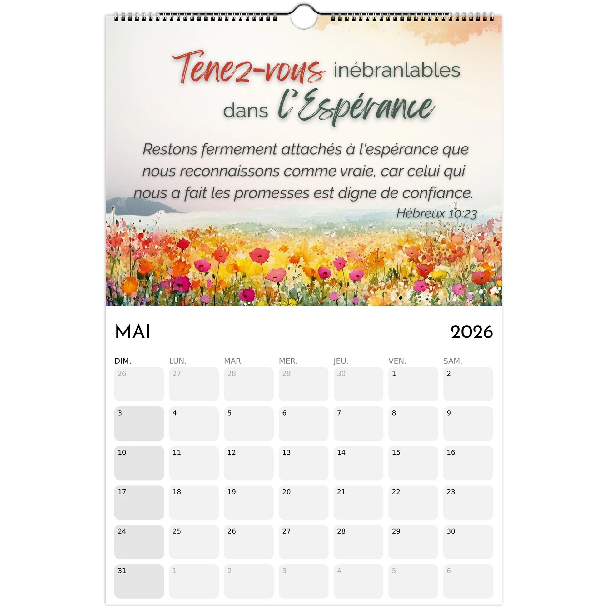 Calendar with floral design and motivational text on a white background