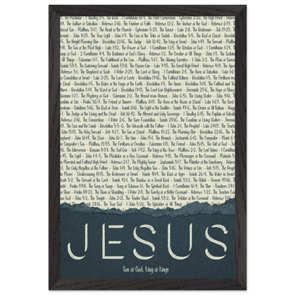 A framed wall art print with the word 'JESUS' in bold lettering, followed by a list of names and scriptures related to Jesus, against a white background 