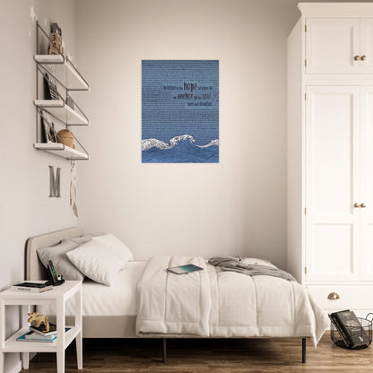 wave and anchor christian metal artwork with bible verses in pink and silver tones hanging above a cozy neutral bedroom setup