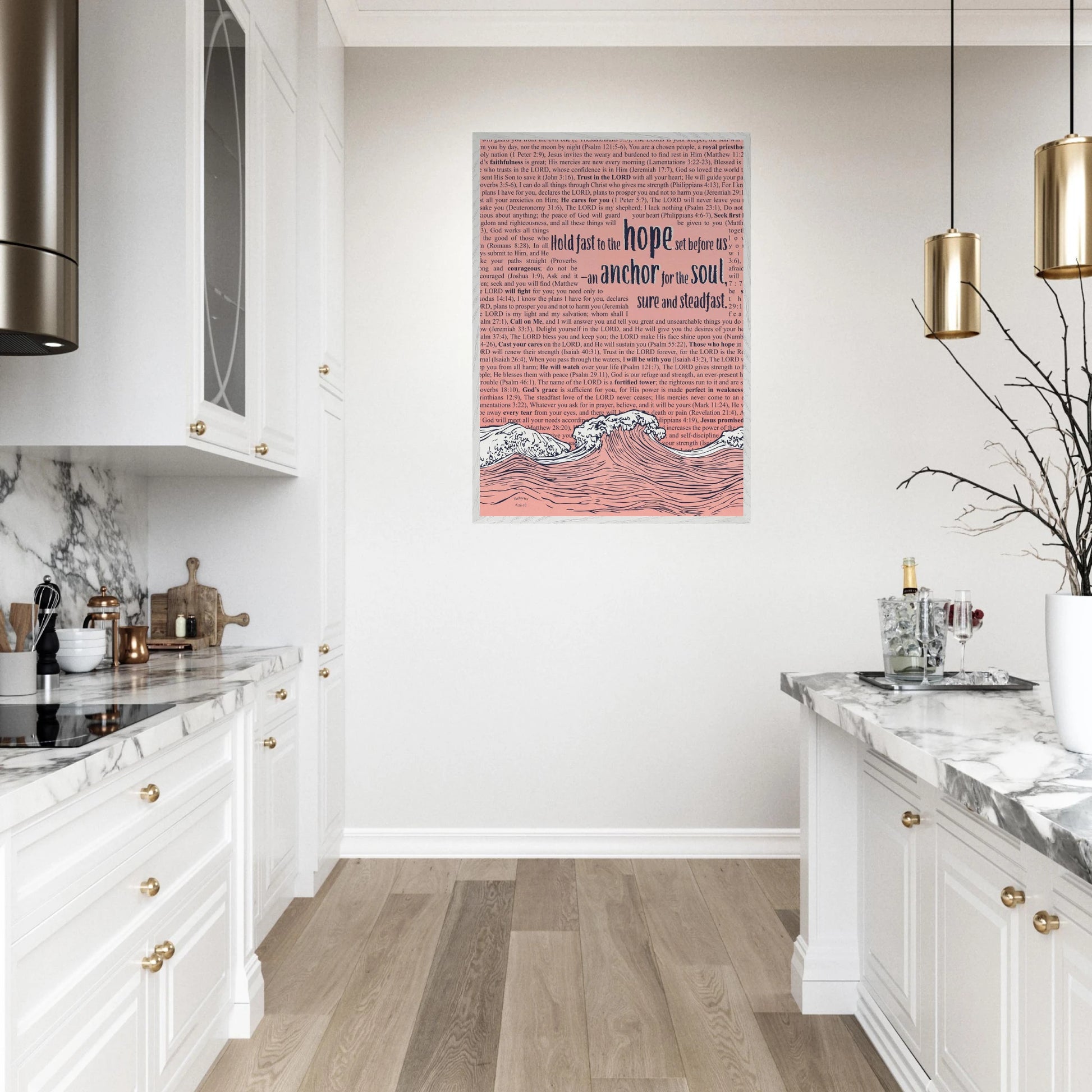 pink framed christian artwork featuring waves and anchor with scripture text displayed in a modern white kitchen