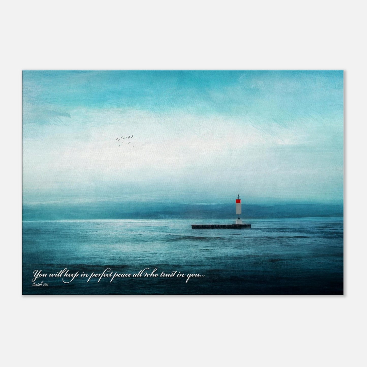 A wall art print featuring a lighthouse with a backdrop of the sea and sky, including a quote about perfect peace 
