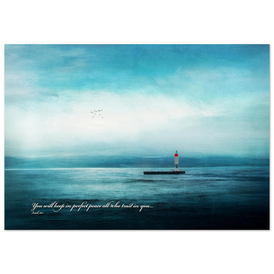 A poster featuring a serene ocean view with a lighthouse and the text of Isaiah 26:3, 'You will keep in perfect peace all who trust in you.'.
