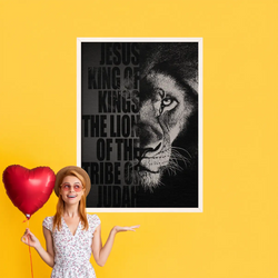 Woman holding a heart-shaped balloon next to a framed poster of a lion's face with text on a yellow background