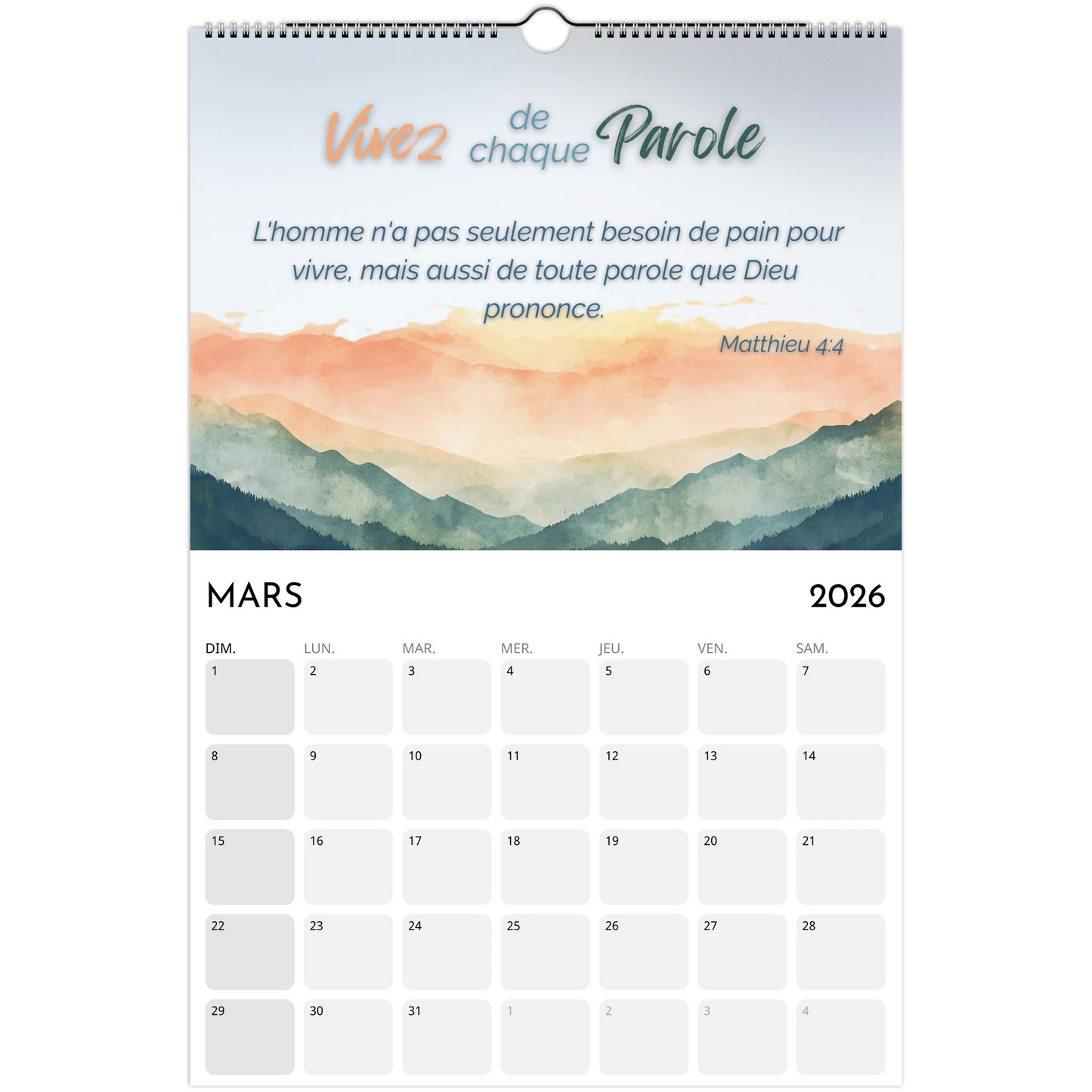 Calendar for March 2026 with mountain landscape design and motivational quote