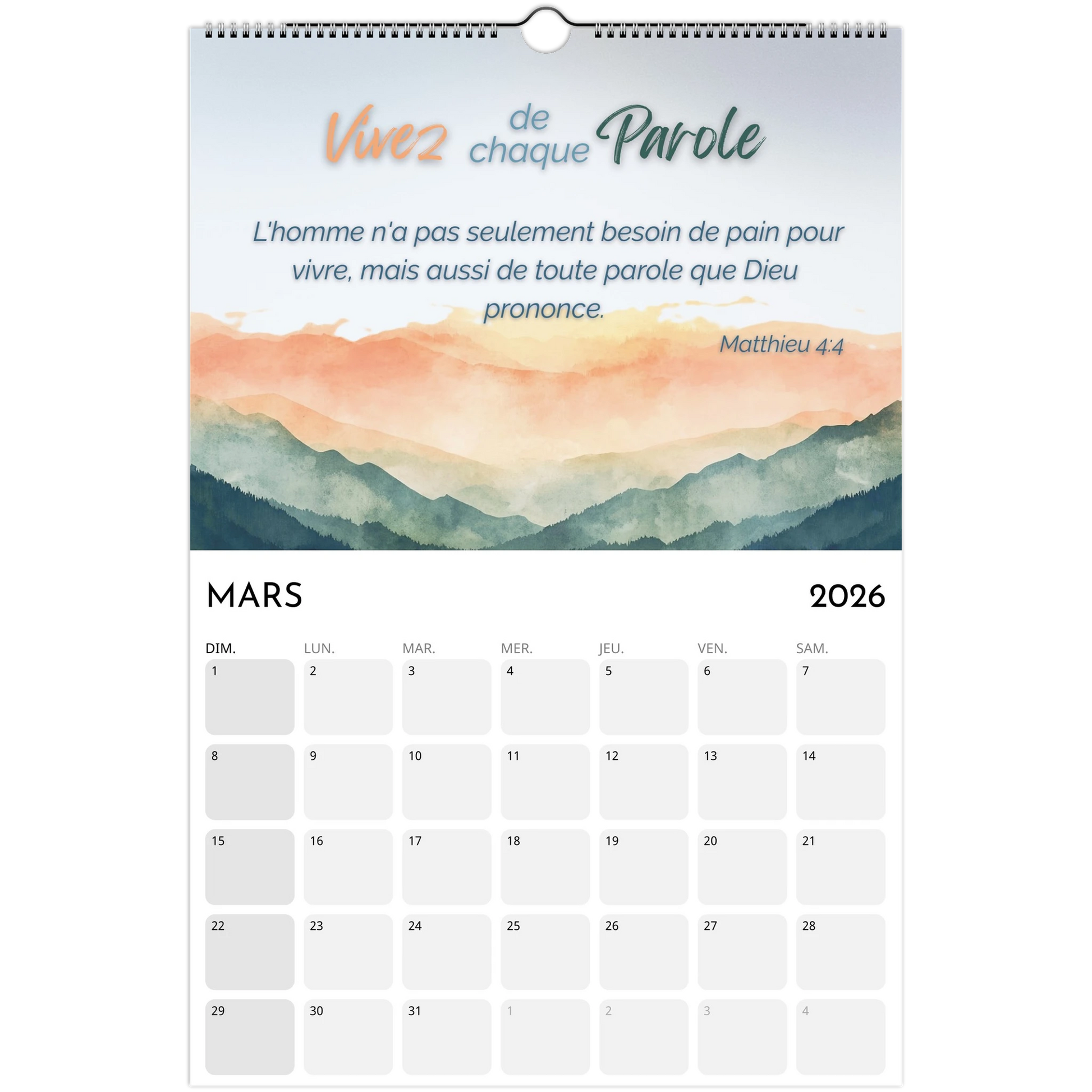 Calendar for March 2026 with mountain landscape design and motivational quote