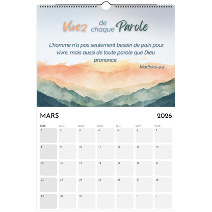 Calendar for March 2026 with mountain landscape design and motivational quote