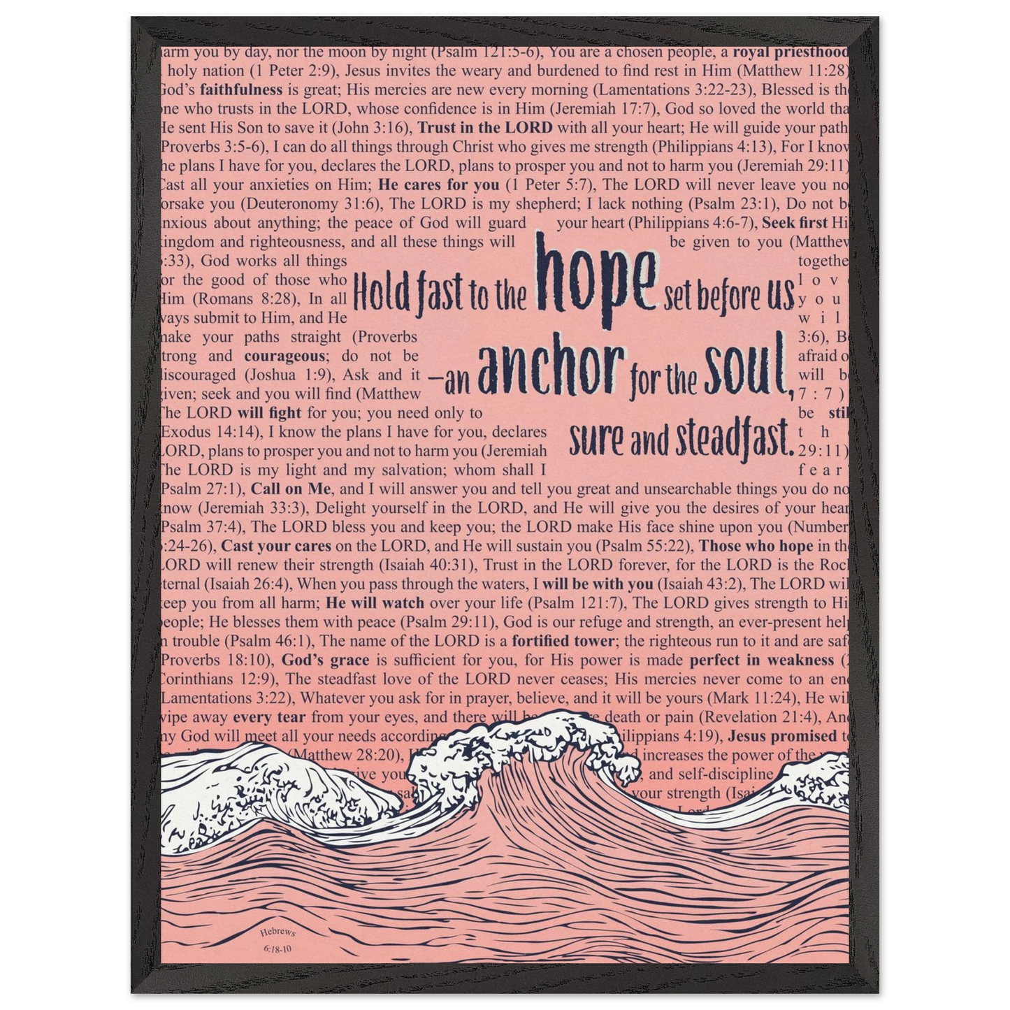 pink christian poster with bible verses in the background featuring a hand drawn wave illustration and the words hold fast to the hope set before us an anchor for the soul sure and steadfast hebrews 6 19