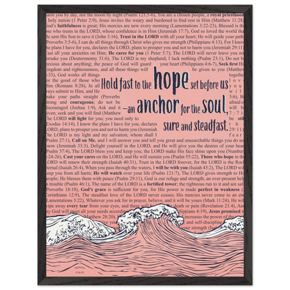 pink christian poster with bible verses in the background featuring a hand drawn wave illustration and the words hold fast to the hope set before us an anchor for the soul sure and steadfast hebrews 6 19
