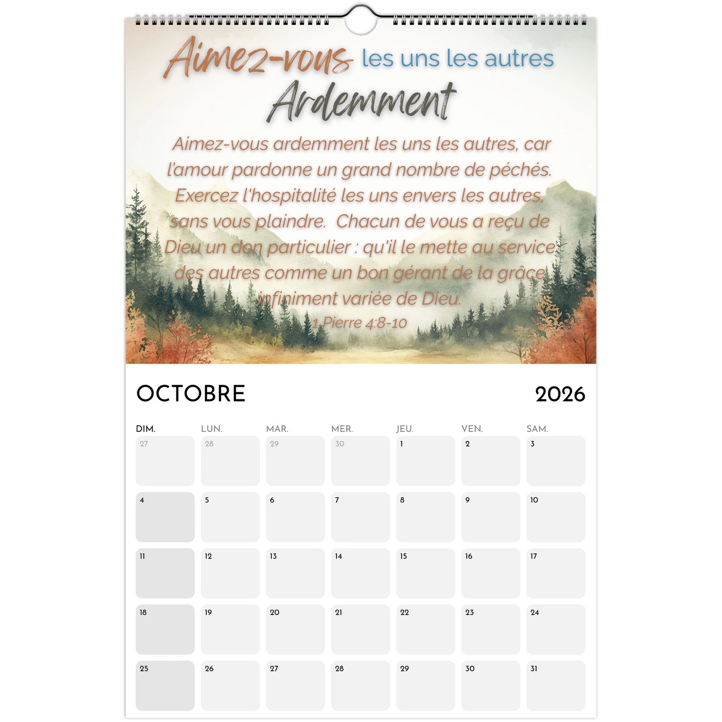 Calendar for October 2026 with a scenic background and inspirational text.